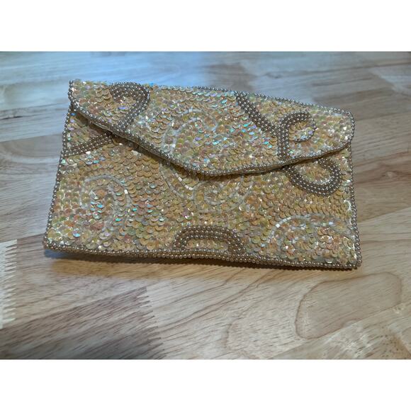 Vintage Clutch Envelope Wallet Hand Beaded Hong Kong Gold 8"x4" JL - Picture 1 of 10